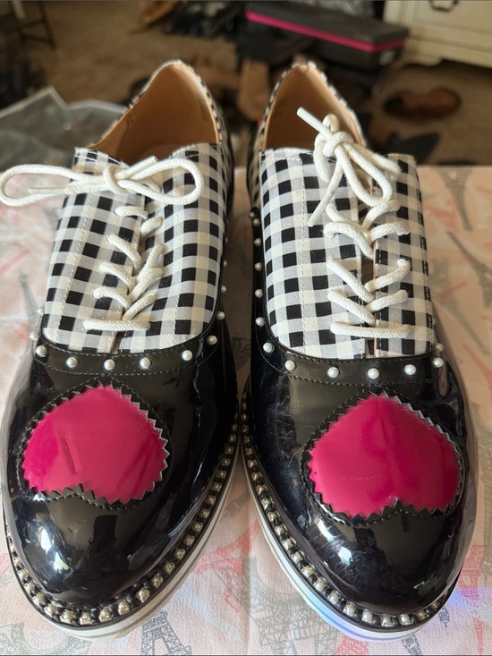 Betsey Johnson Shoes - Betsey Johnson Black & White Gingham Flats with Pink Heart Accent